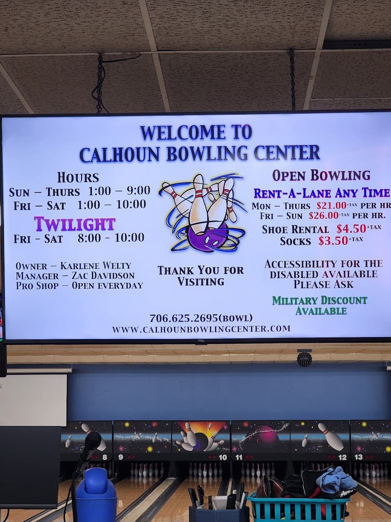 Interior view of Calhoun Bowling Center bowling alley