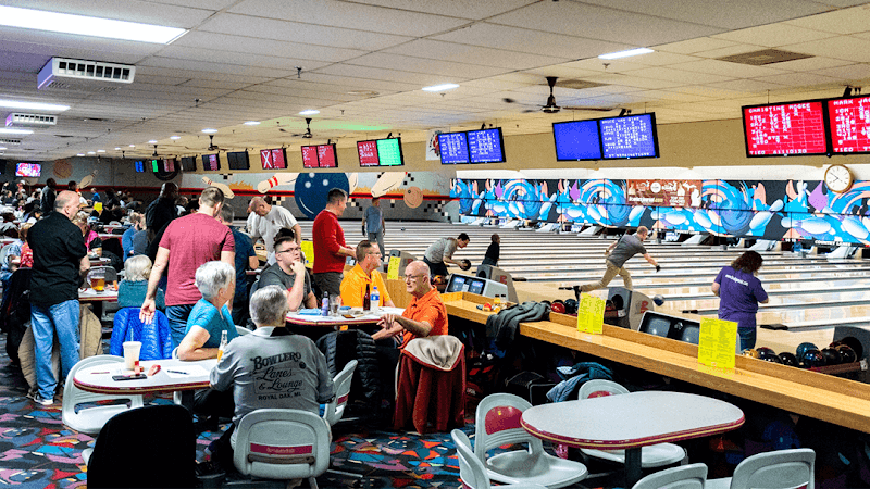 Interior view of Country Lanes bowling alley