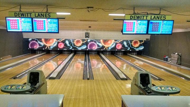 Interior view of DeWitt Bowling Lanes bowling alley