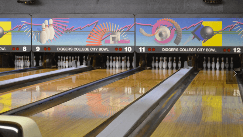 Interior view of Digger's College City Bowl bowling alley