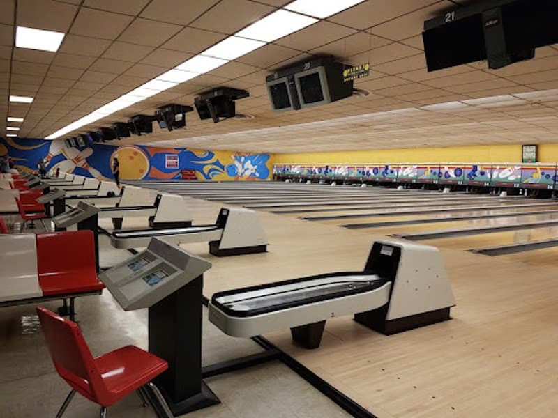 Interior view of Elgin Lanes bowling alley