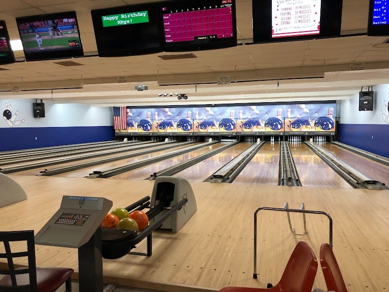 Interior view of Goshen Lanes bowling alley