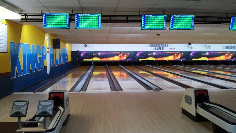 Interior view of Kingpin Lanes & Brickhouse Pizza Company bowling alley