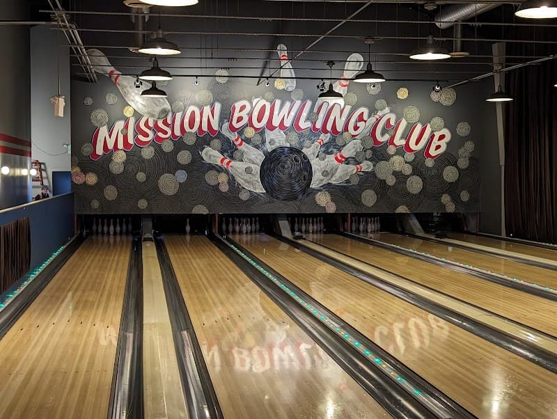 Interior view of Mission Bowling Club bowling alley