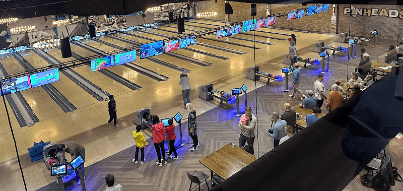 Interior view of Pinheads & Alley's Alehouse bowling alley