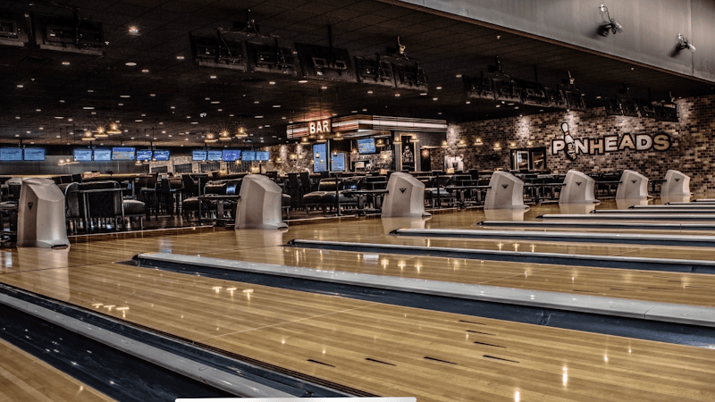 Interior view of Pinheads & Alley’s Alehouse bowling alley