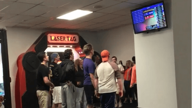 Interior view of Poelking Woodman Lanes bowling alley