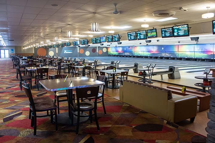 Interior view of RollHouse Columbus bowling alley