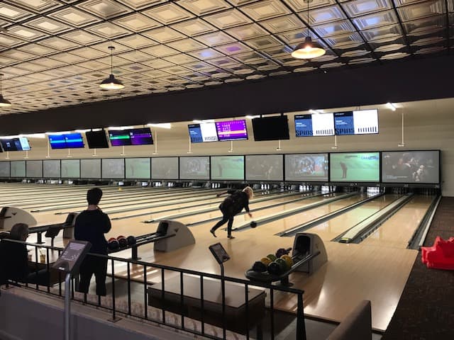 Interior view of Spins Bowl Akron bowling alley
