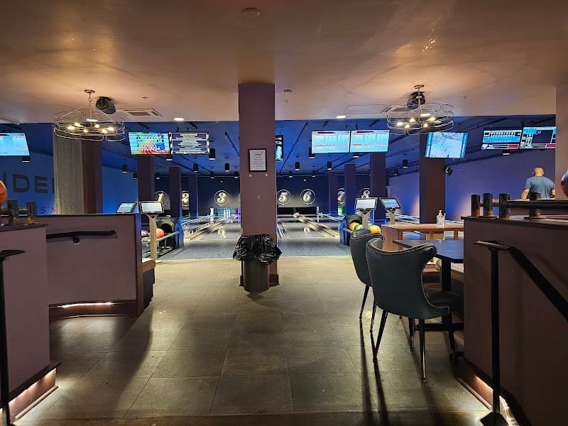 Interior view of UnderPin Lanes 'N Lounge bowling alley