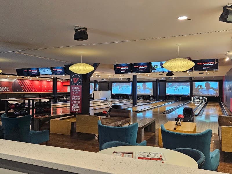 Interior view of Velocity Newport - Bowling & Billiards bowling alley